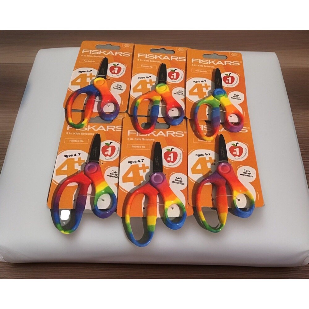 (6) Fiskars 5” Kids Scissors Pointed Tip Rainbow Age 4+ Non Stick Coated Blades